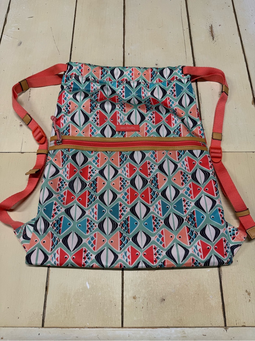 Vera Bradley Coral and Teal Geometric Drawstring Backpack
